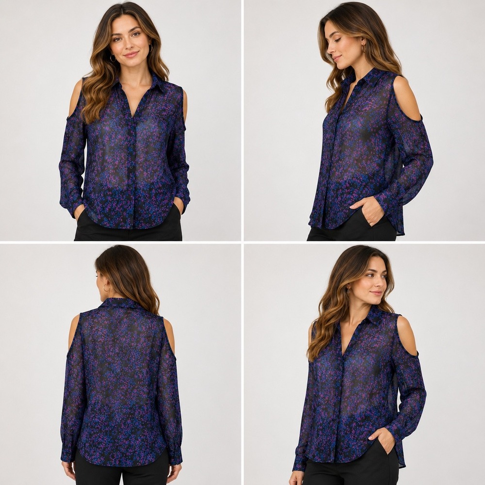Nollie Cold Shoulder Blouse Womens S Purple Blue Abstract Sheer‎ Button Down Top